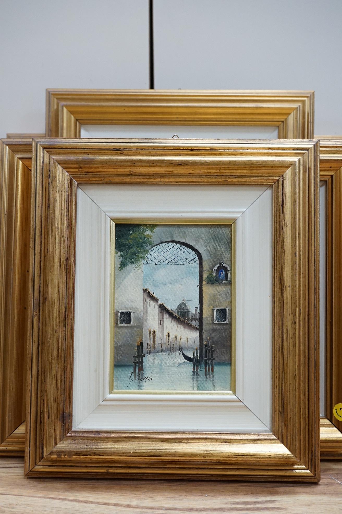 Guido Borelli (Italian, b.1952), set of five oils on board to include ‘Scena Di Villaggio’ and ‘Scorcio Venegiauo’, each signed, some with details verso, largest 17 x 29cm. Condition - fair to good